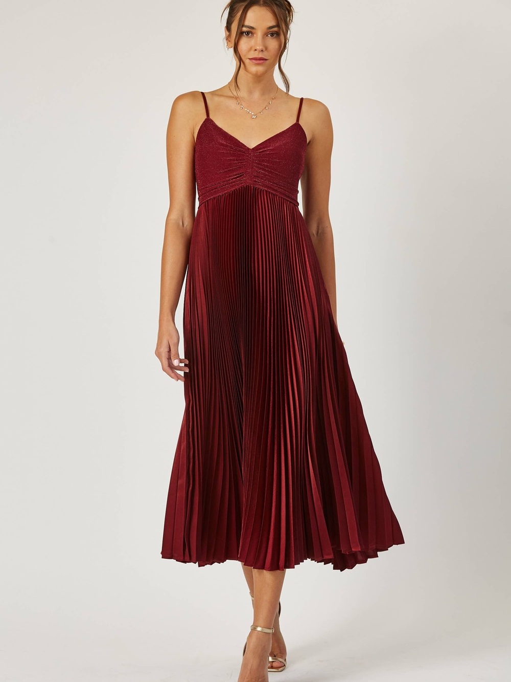 Spaghetti Strap Pleated Midi Dress in Burgundy